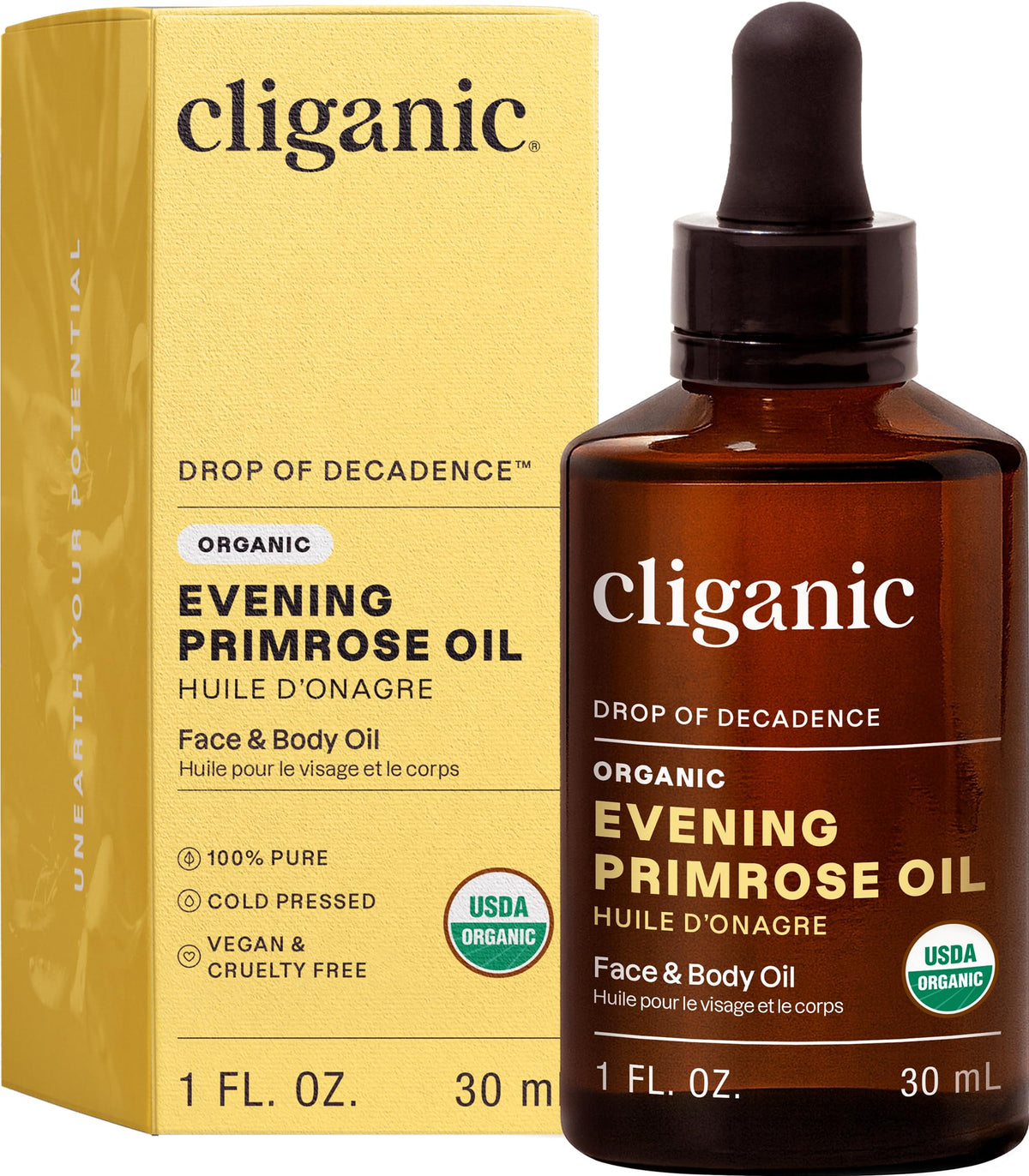 Cliganic evening primrose oil front bottle shows clean organic packaging and easy application