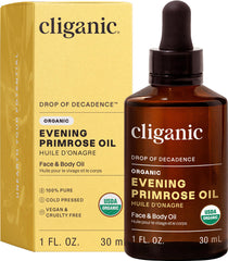 Cliganic evening primrose oil front bottle shows clean organic packaging and easy application