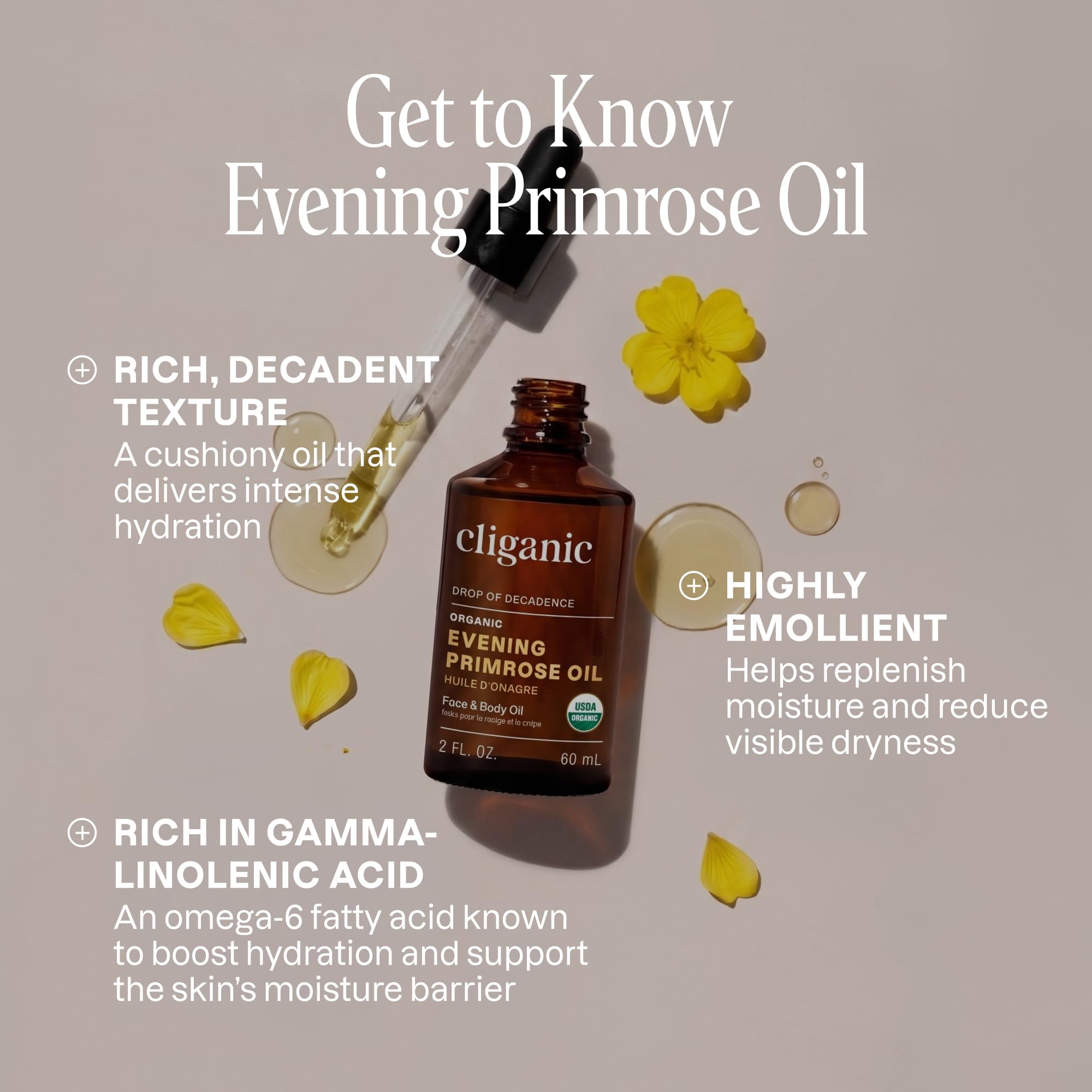 Cliganic evening primrose oil pouring drop highlights cold-pressed purity and fast absorption