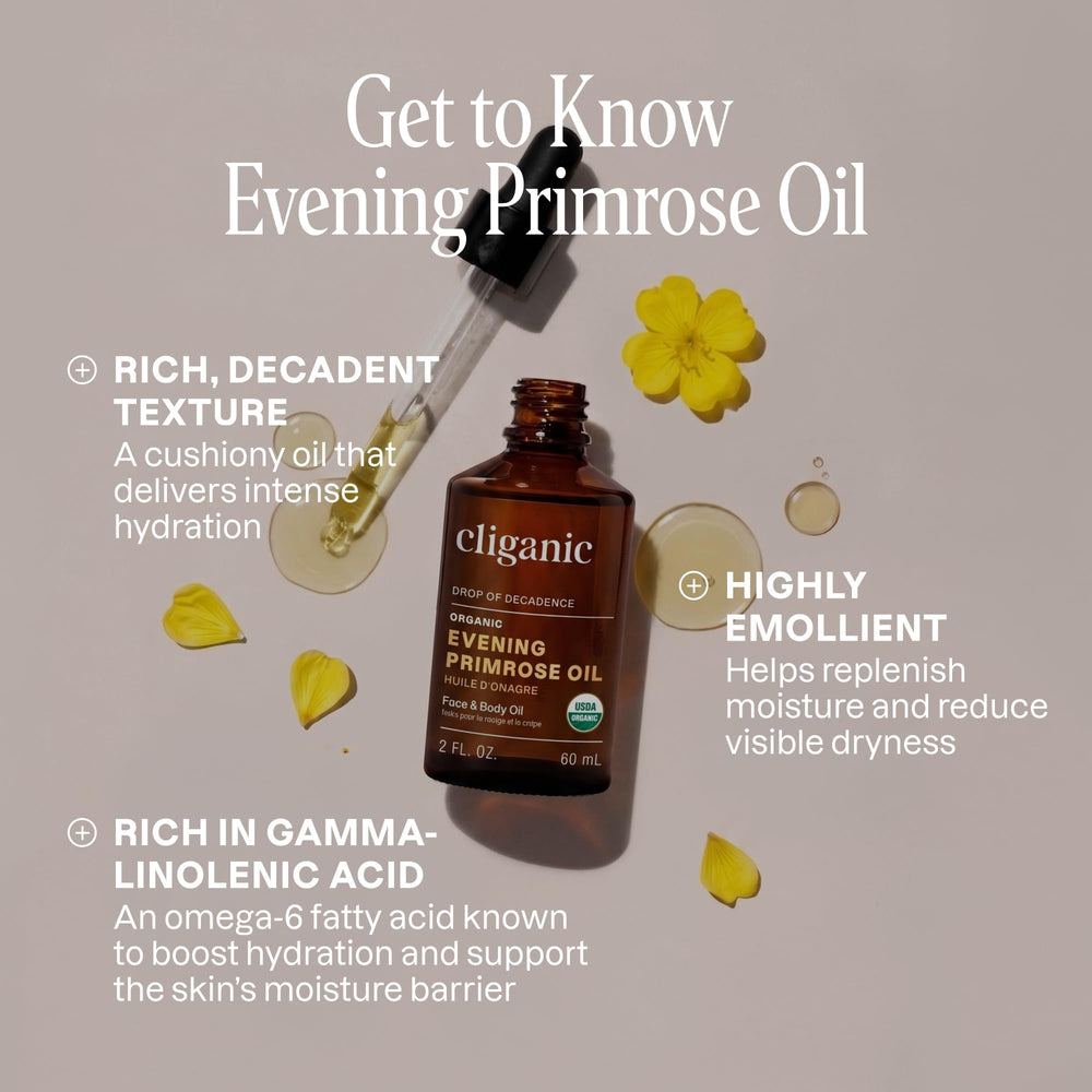 Cliganic evening primrose oil pouring drop highlights cold-pressed purity and fast absorption