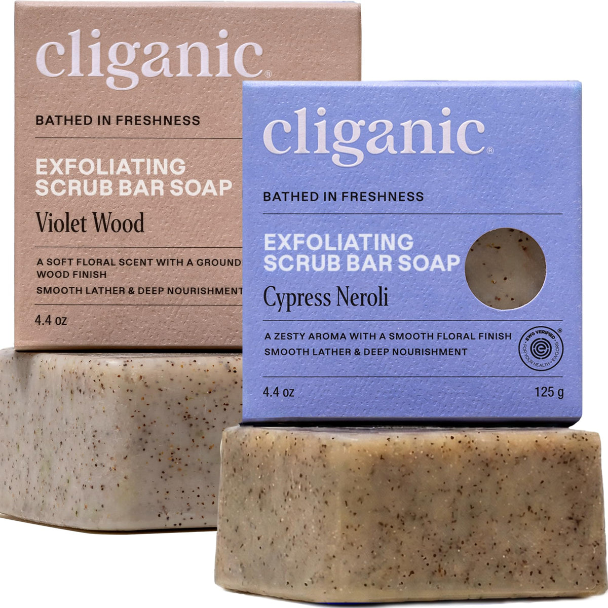 Cliganic front packaging showing two exfoliating soap bars and clean design benefit: clear product identity