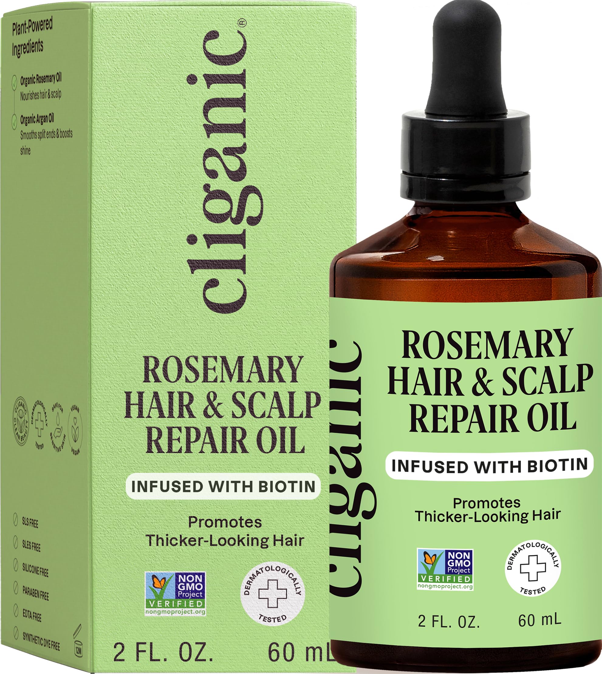 Cliganic front bottle of rosemary hair oil showing clean packaging and benefits
