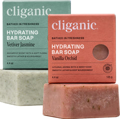 Cliganic front packaging showing two hydrating soap bars and benefits