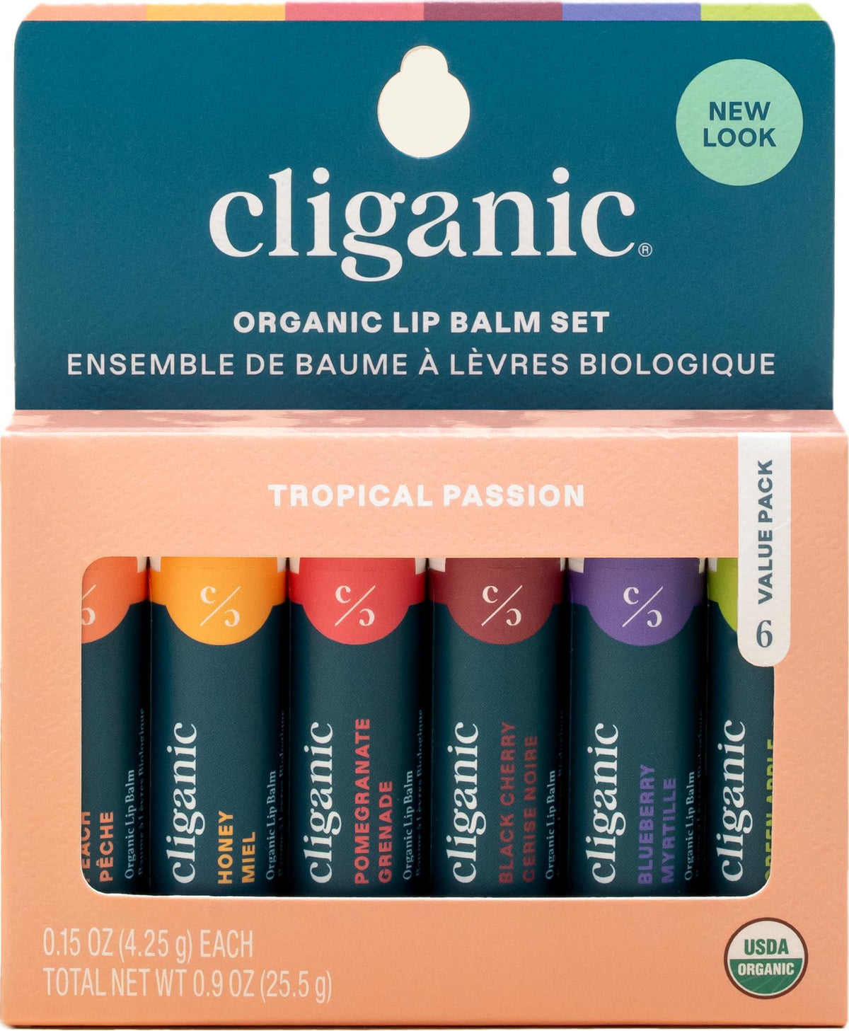 Cliganic front packaging showing six lip balm tubes and flavors, supports travel convenience