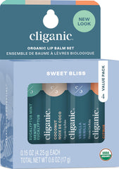 Cliganic front packaging set showing four organic lip balm tubes for quick hydration
