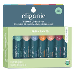 Cliganic front packaging showing all eight organic lip balms and benefits