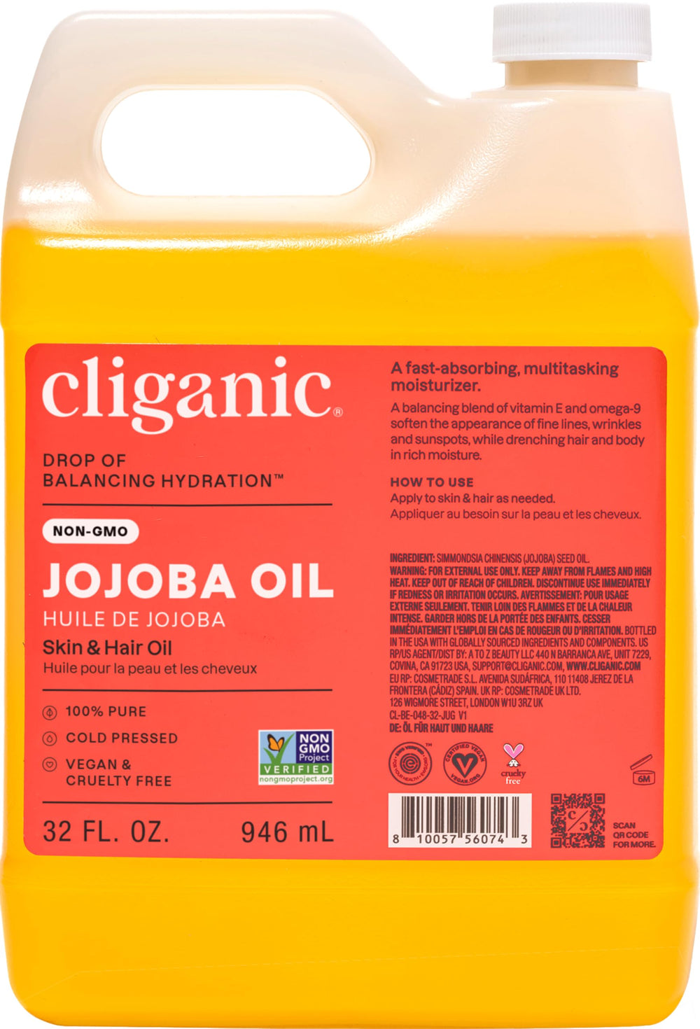 Cliganic jojoba oil 32oz front bottle showing label and bulk size benefit