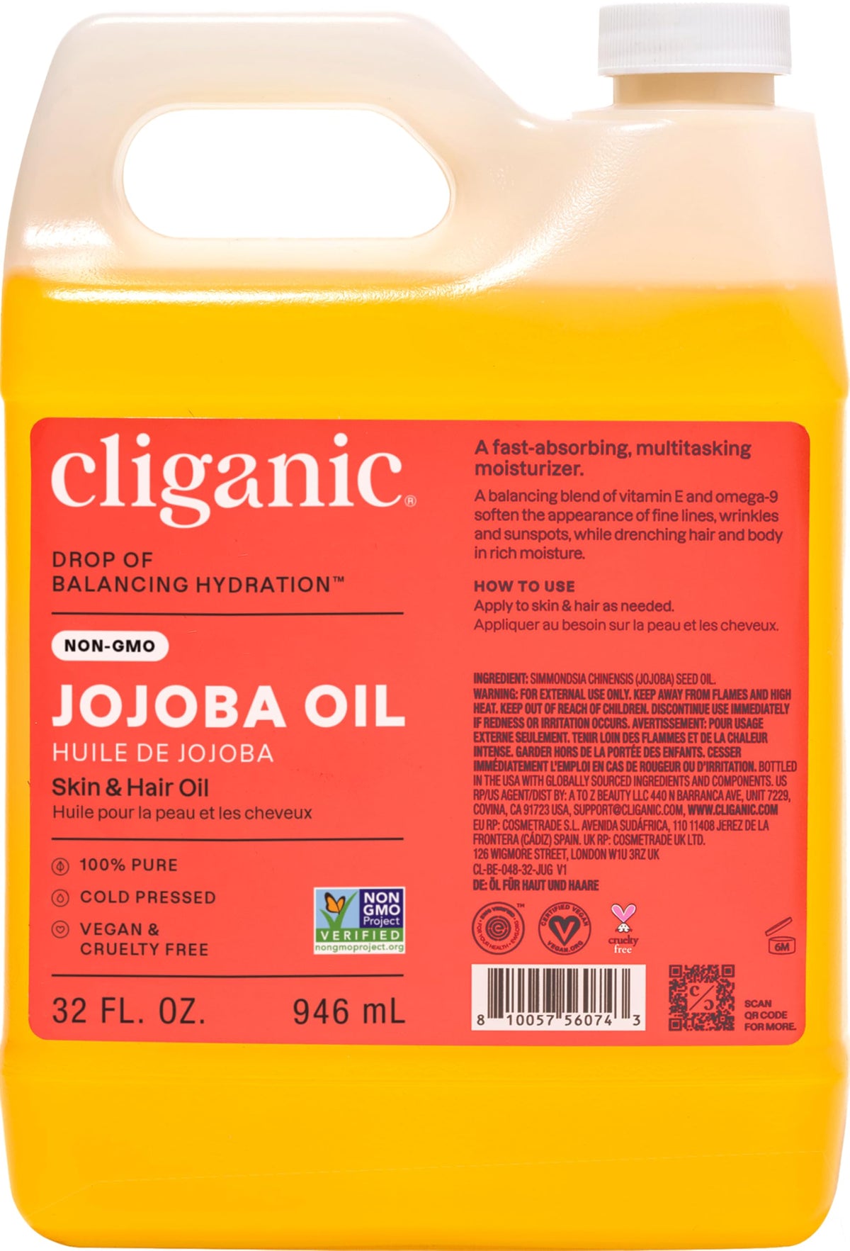 Cliganic jojoba oil 32oz front bottle showing label and bulk size benefit