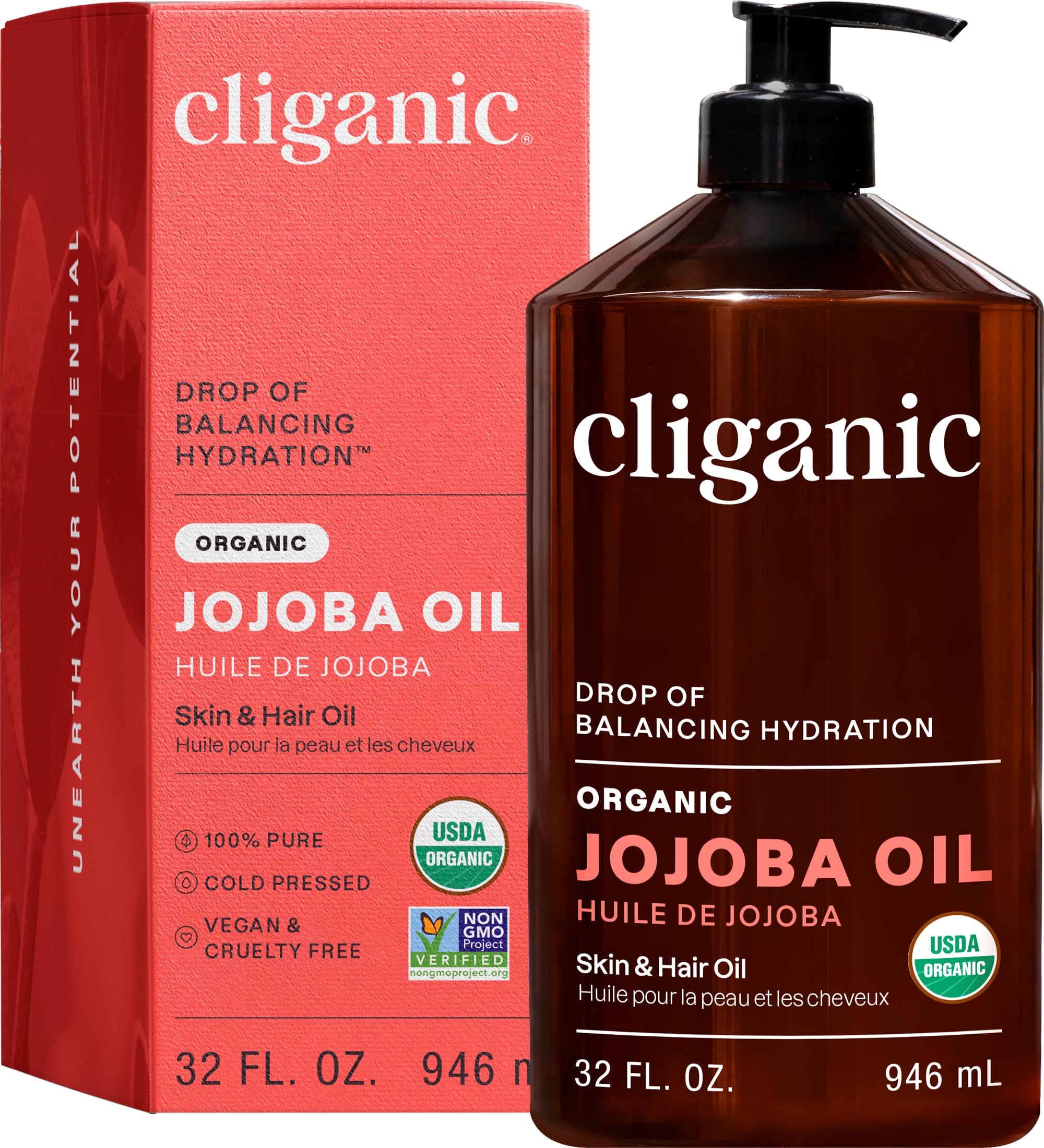 Cliganic jojoba oil front bottle shows pump and size for convenient dispensing