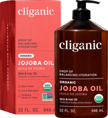 Cliganic jojoba oil front bottle shows pump and size for convenient dispensing