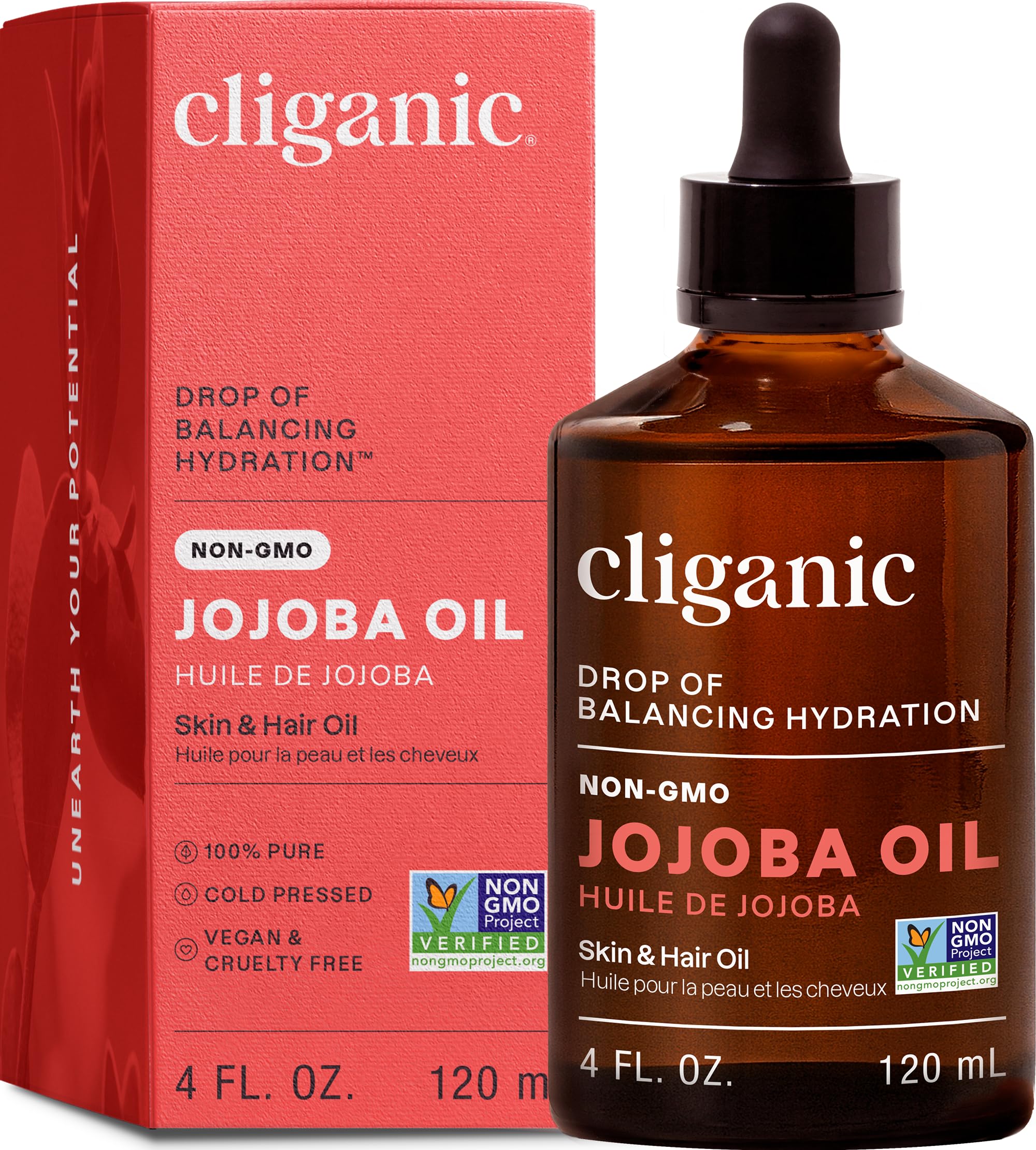 Cliganic bottle front view showing jojoba oil packaging and purity benefits