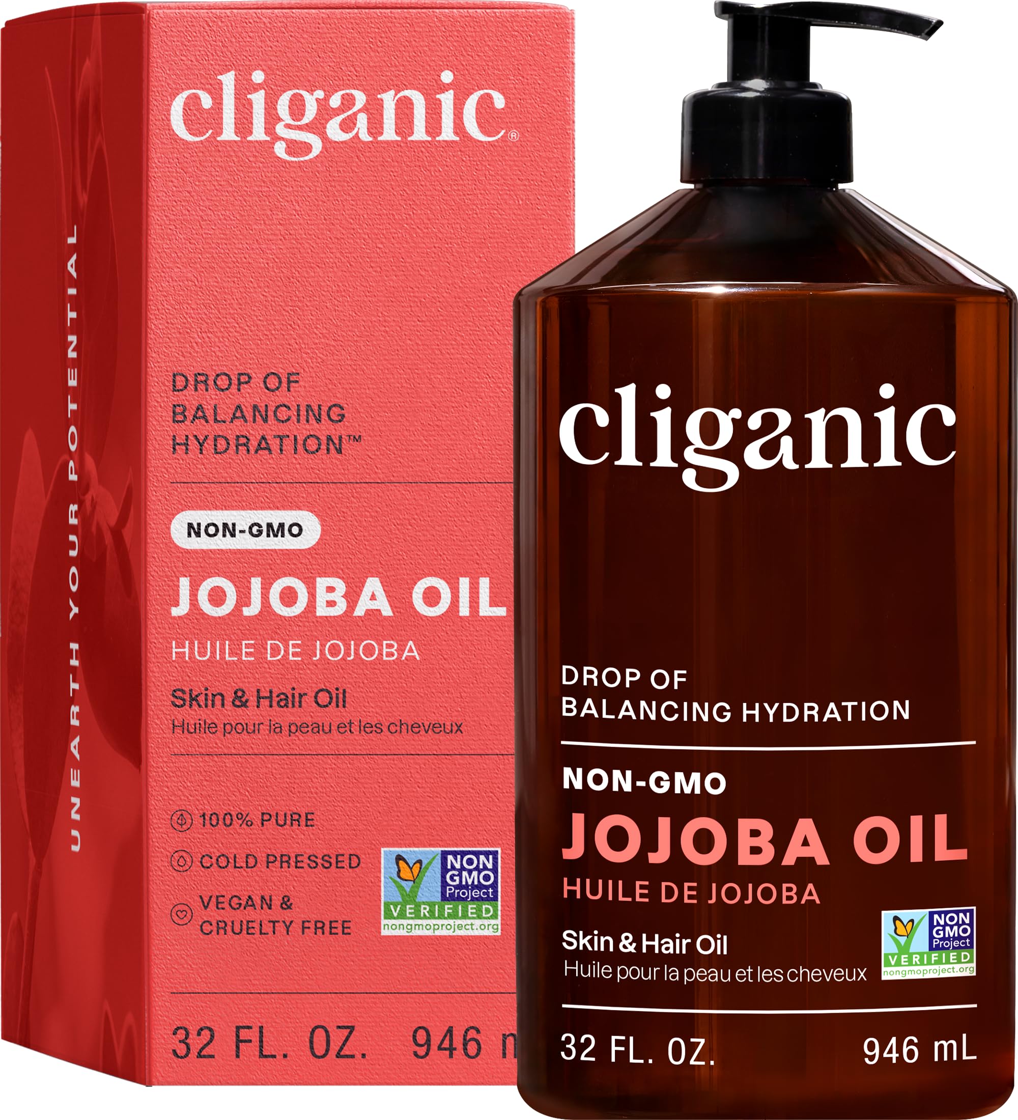 Cliganic jojoba oil front bottle showing pump and size for easy dispensing