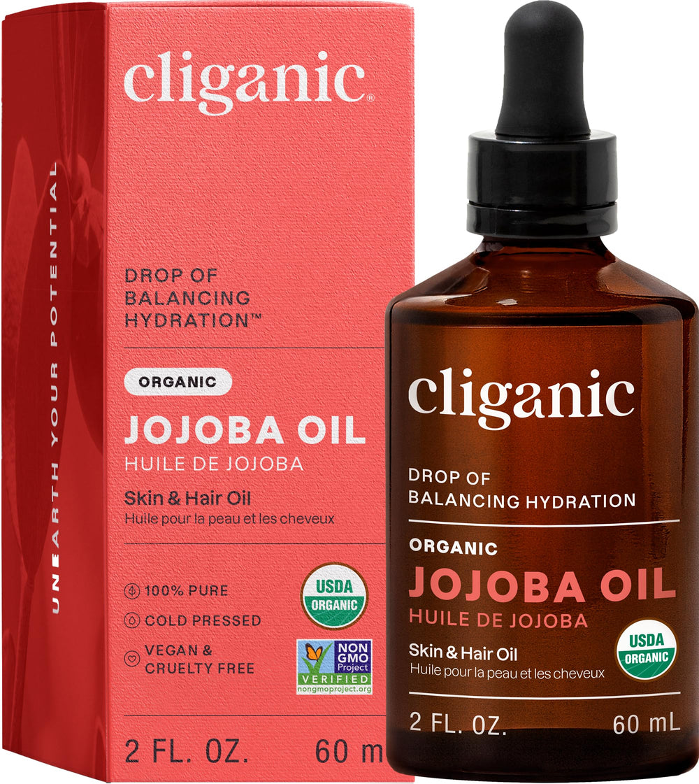 Cliganic jojoba oil front label showing organic certification and purity benefit