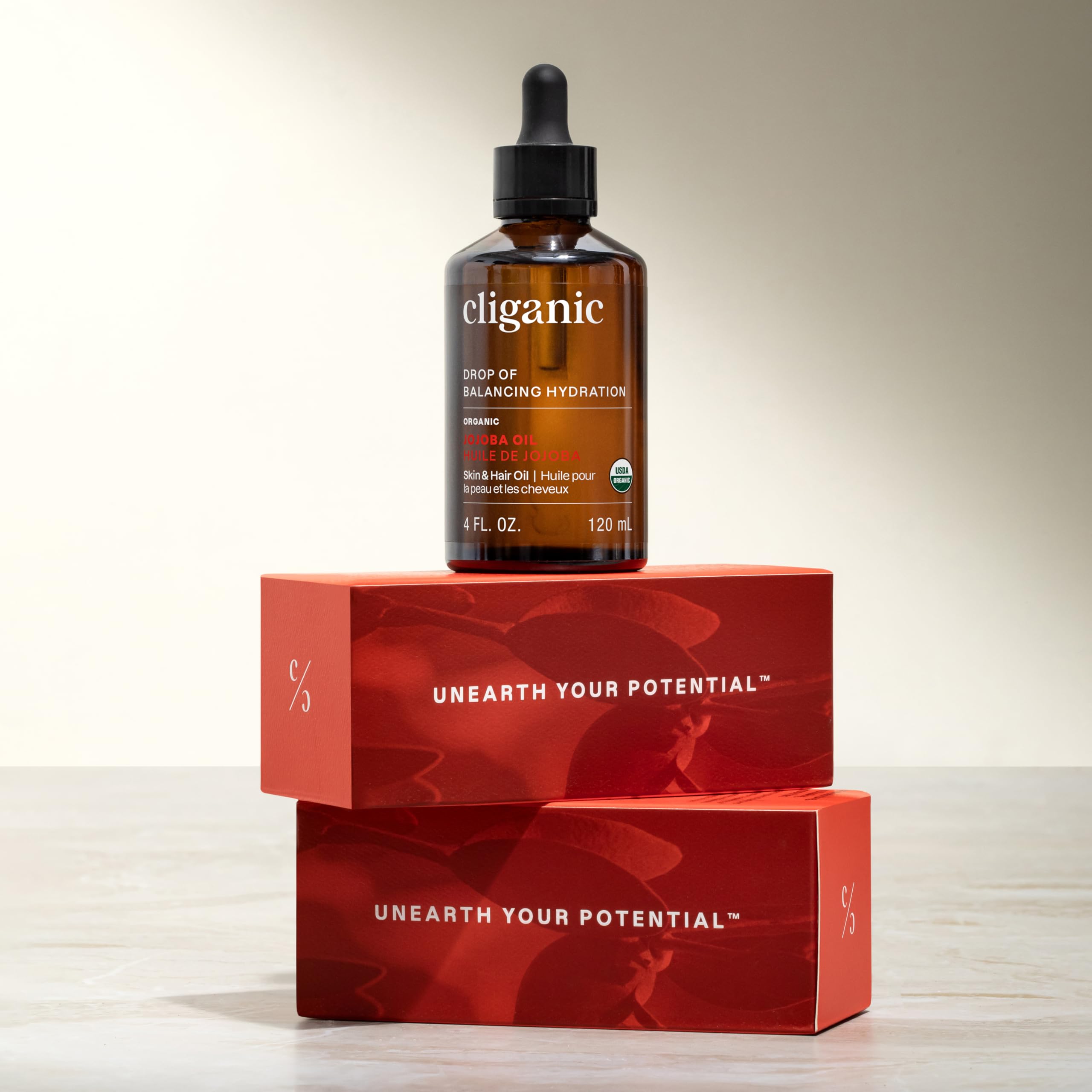 Cliganic jojoba oil on a bathroom shelf in a lifestyle setting showing everyday use benefit