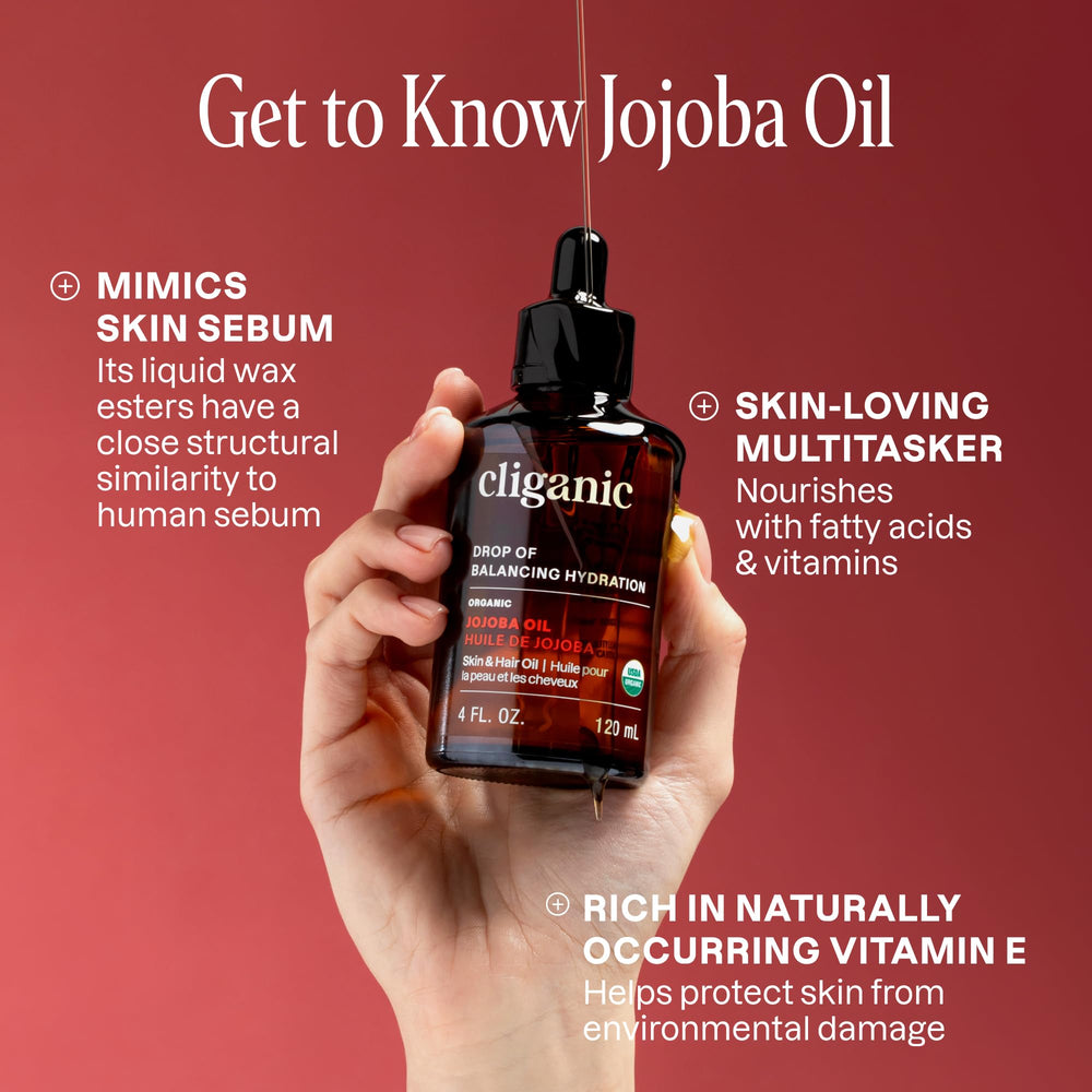 Cliganic jojoba oil on hands demonstrating easy application and quick hydration