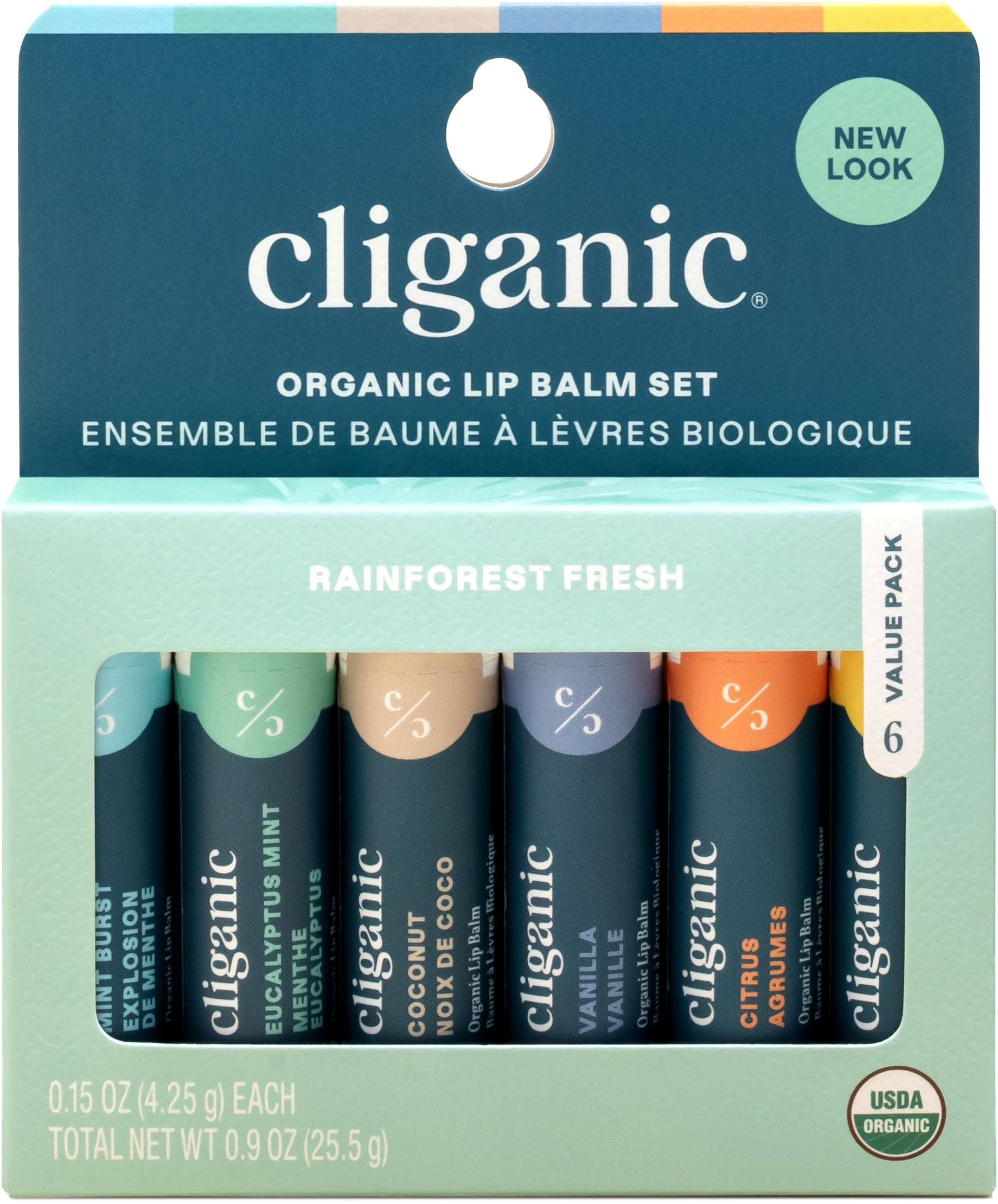 Cliganic lip balm set front packaging showing six flavors and organic labels benefits