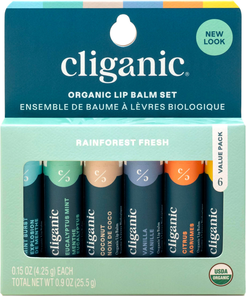 Cliganic lip balm set front packaging showing six flavors and organic labels benefits