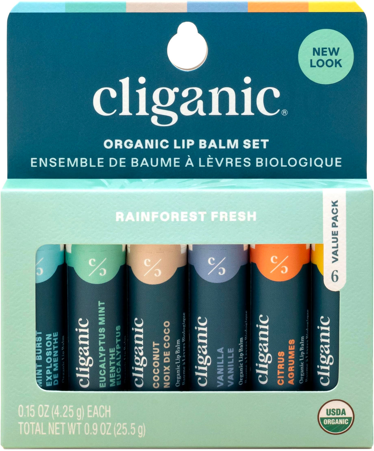 Cliganic lip balm set front packaging showing six flavors and organic labels benefits