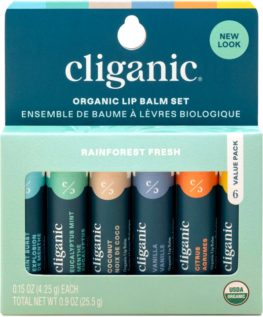 Cliganic lip balm set front packaging showing six flavors and organic labels benefits