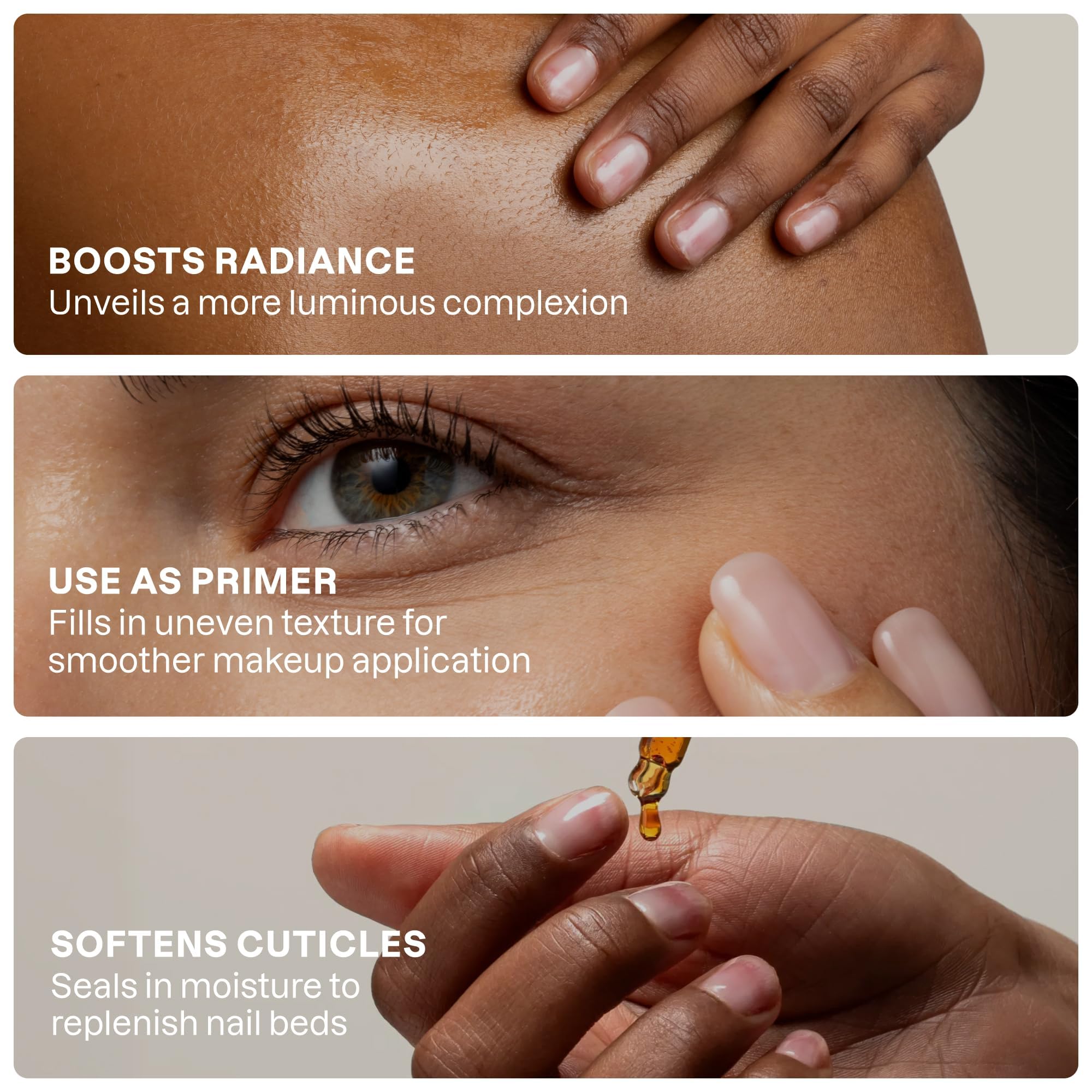 Cliganic marula oil rubbed into skin showing quick absorption benefit