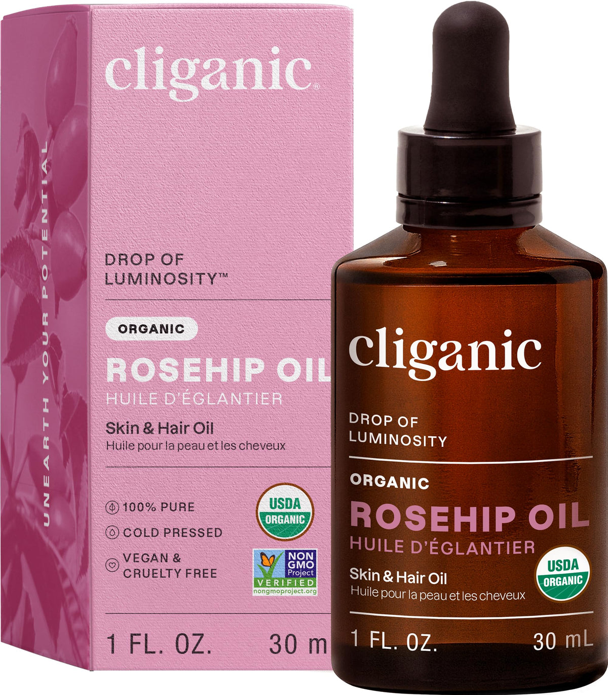 Cliganic bottle front view showing oil and clean packaging for natural skincare