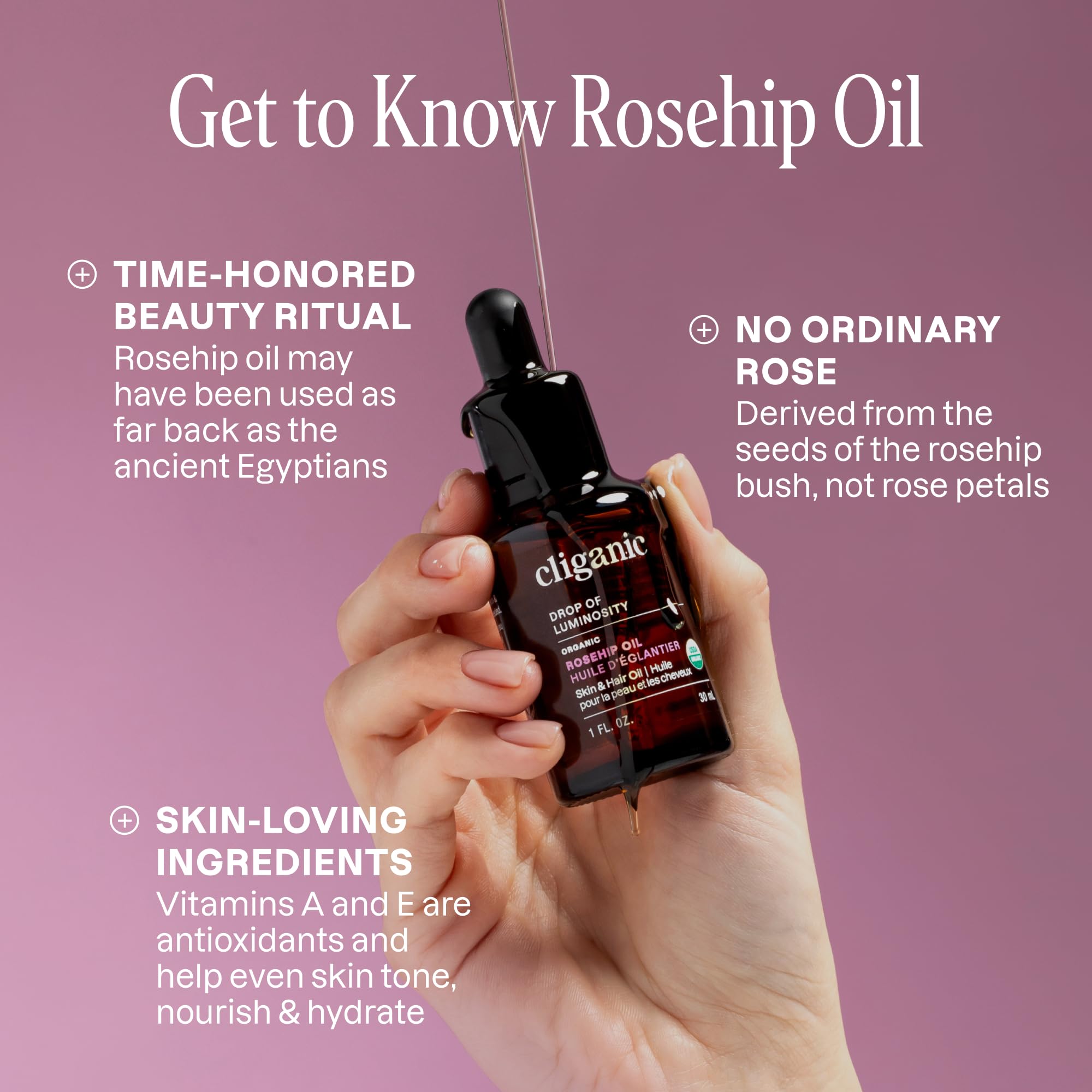 Close-up of Cliganic rosehip oil texture highlighting smooth absorption benefit