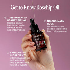 Close-up of Cliganic rosehip oil texture highlighting smooth absorption benefit