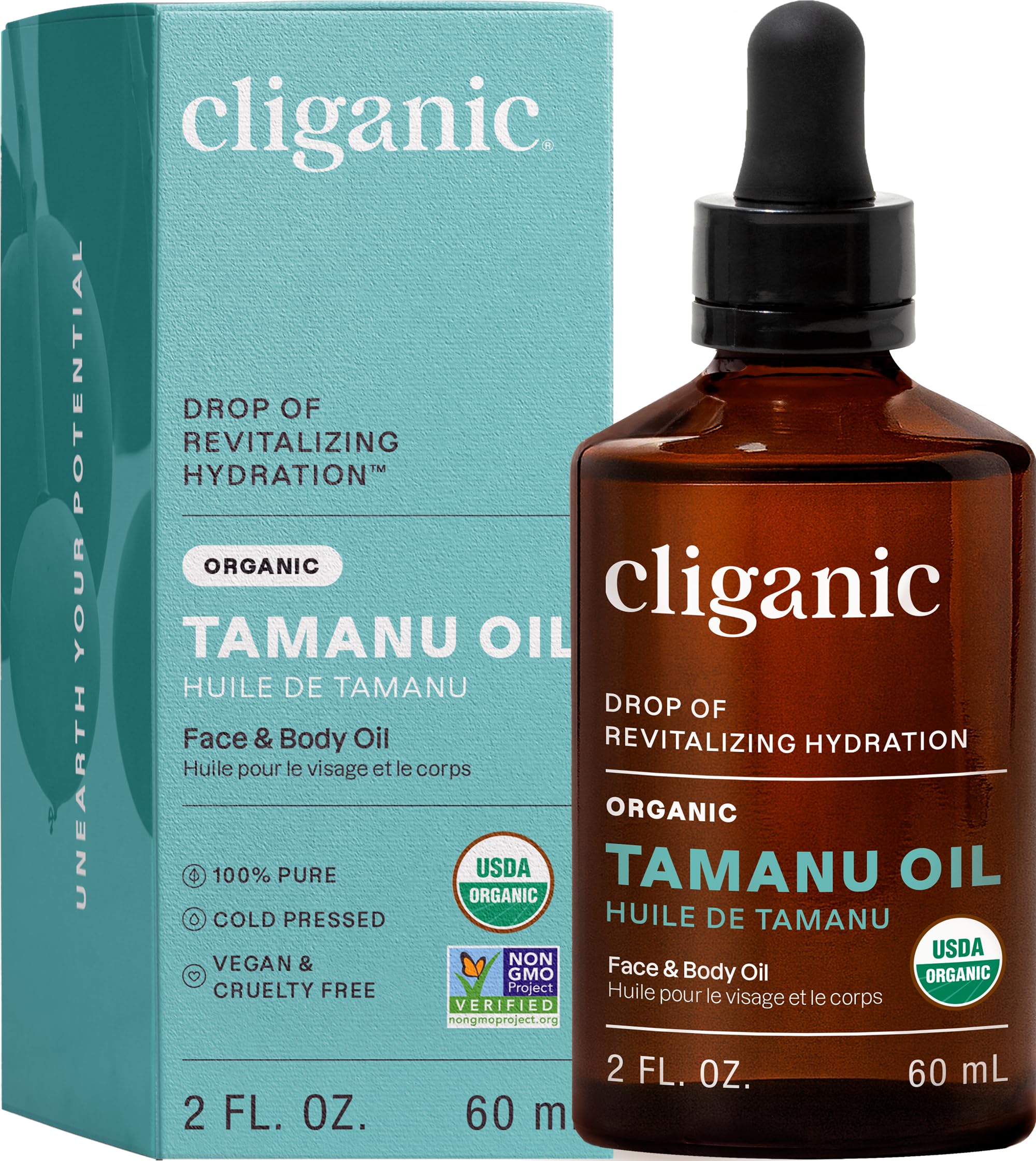 Cliganic tamanu oil front bottle showing organic label and clean packaging