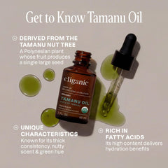 Cliganic tamanu oil pouring from dropper highlighting cold-pressed texture and control