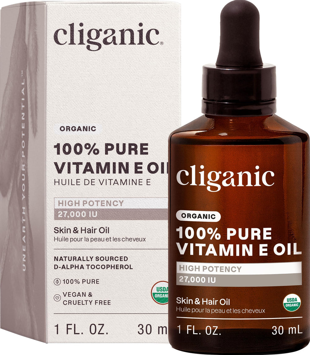Cliganic bottle front view showing organic Vitamin E benefits