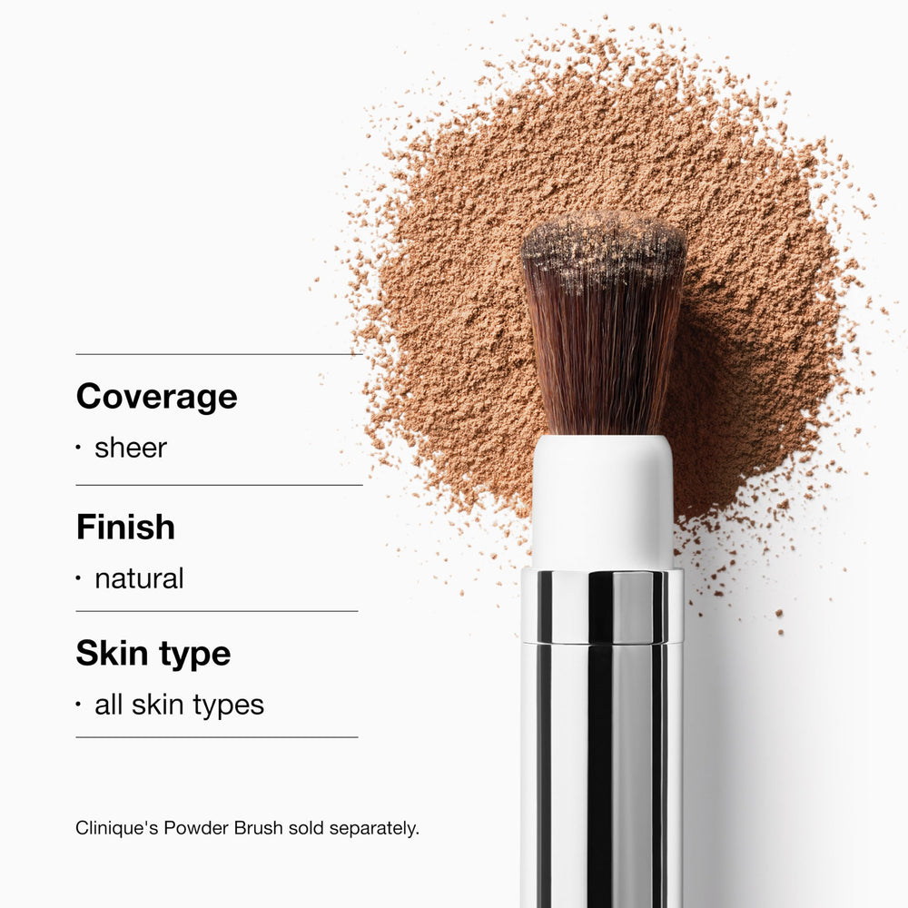 Clinique brush applying powder on skin demonstrating lightweight, non-cakey coverage