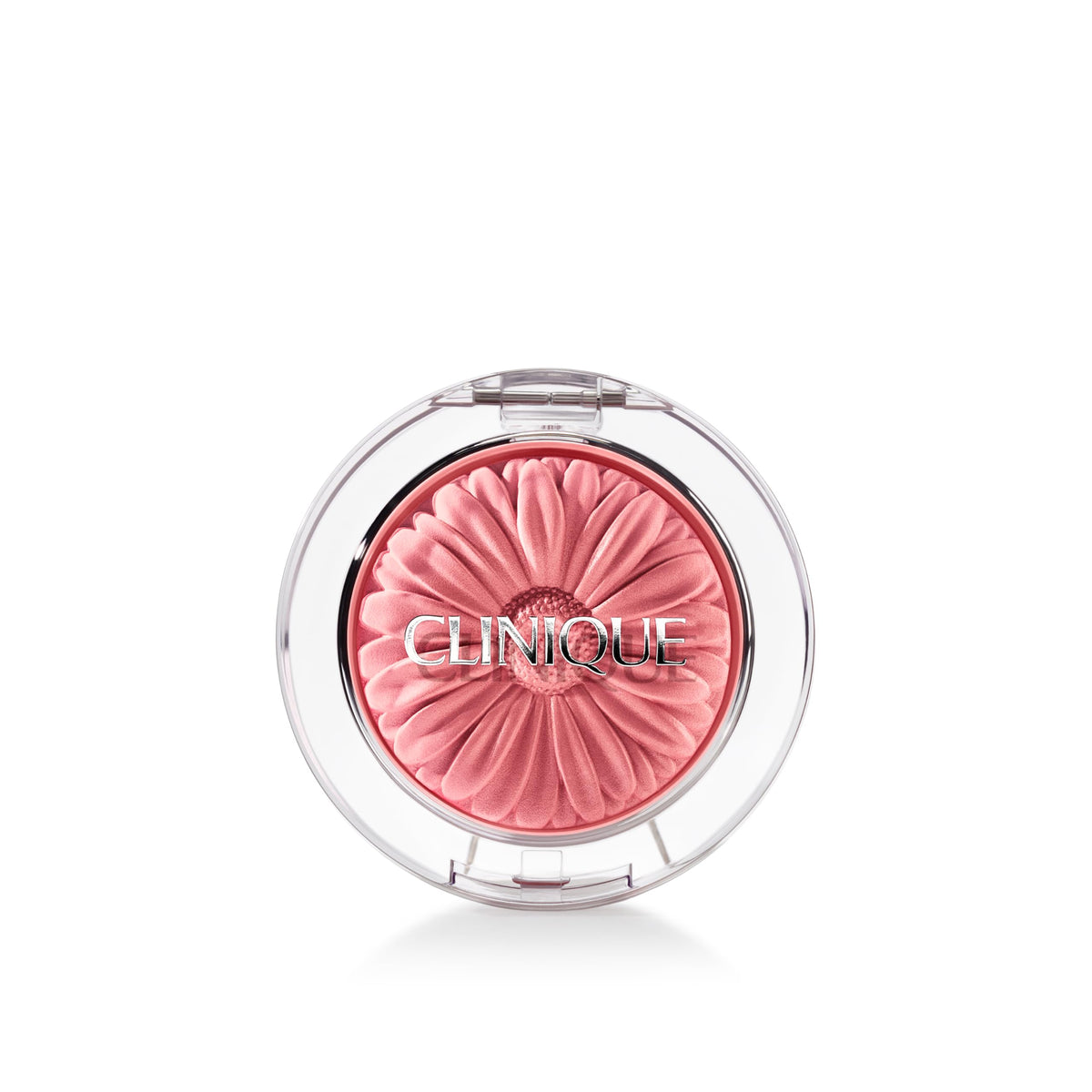 Clinique compact top view showing Heather Pop shade and polished packaging benefit: easy identification