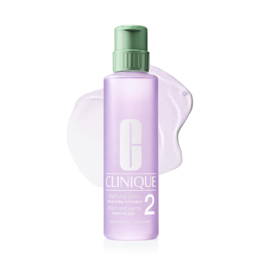 Clinique bottle front view showing label and clear liquid for gentle exfoliation
