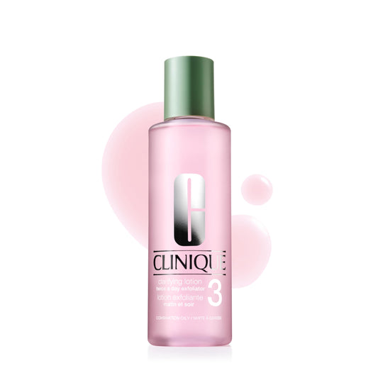 Clinique bottle front view showing Clarifying Lotion 3 benefits and packaging
