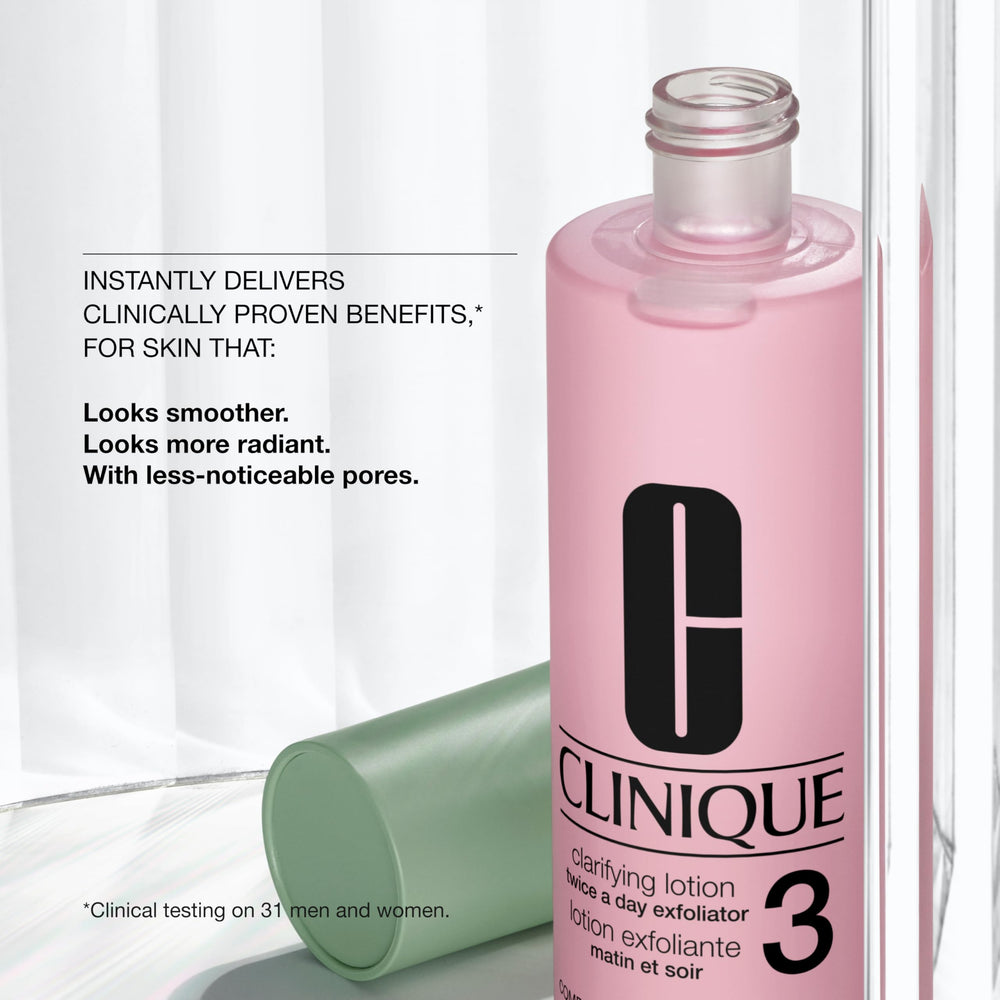 Close-up of Clinique label on Clarifying Lotion 3 highlighting formula details