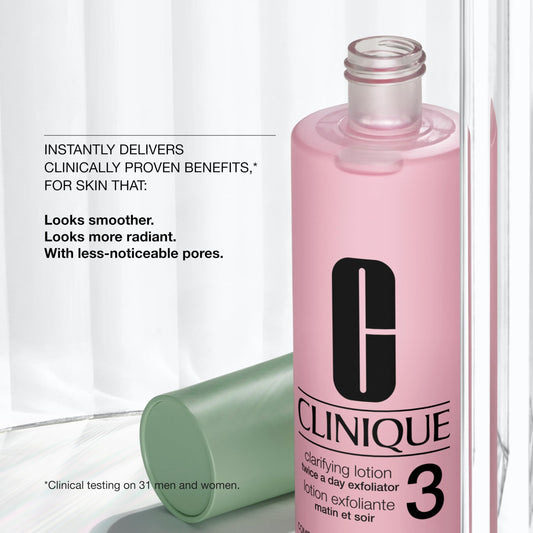 Close-up of Clinique label on Clarifying Lotion 3 highlighting formula details