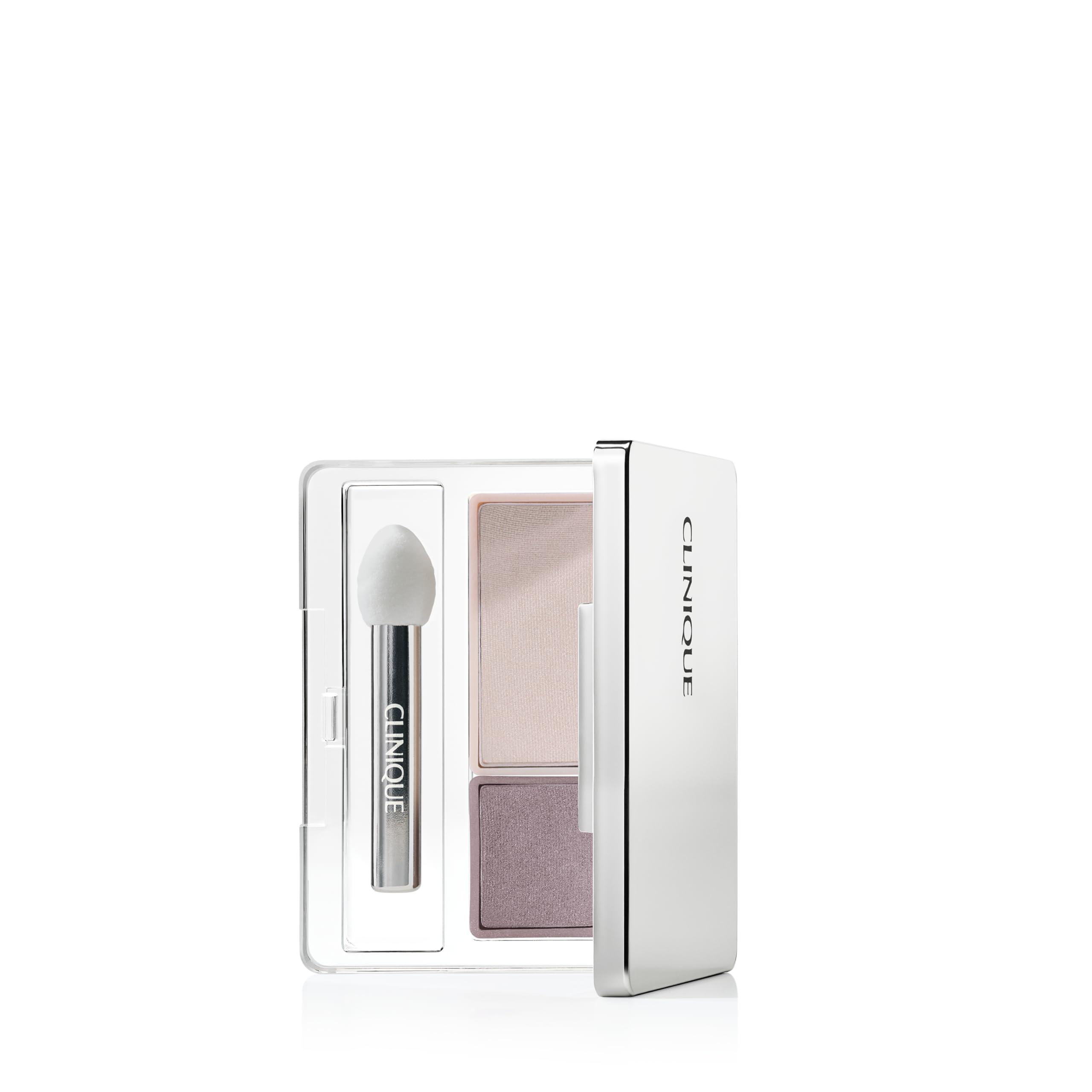 Clinique compact front view showing duo shades and mirror, convenient portability