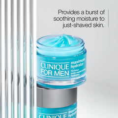 Open jar revealing gel-cream texture of Clinique For Men Maximum Hydrator for quick absorption