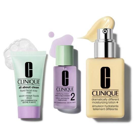 Clinique front packaging gift set showing three products and benefits