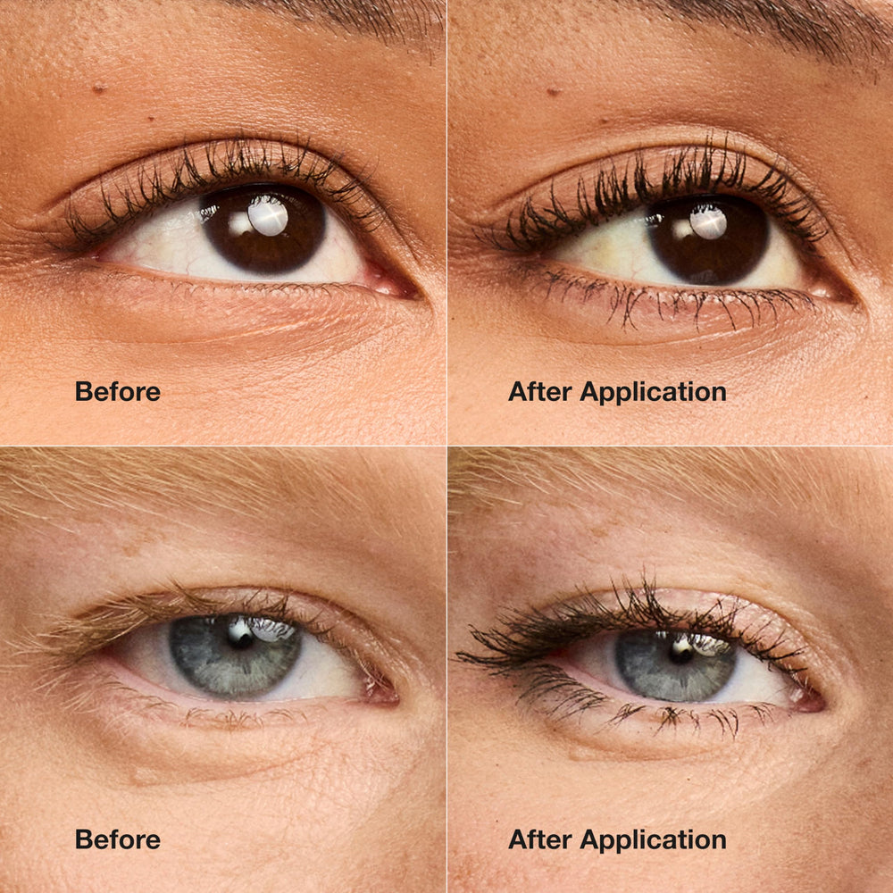 Clinique mascara applied on lashes illustrating intense volume and defined length
