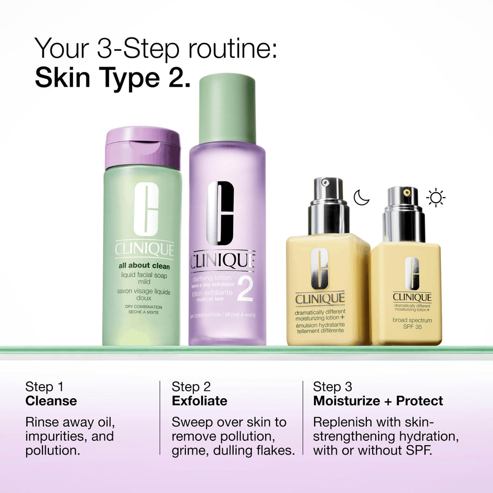 Clinique lotion on bathroom vanity in lifestyle scene conveying daily routine simplicity