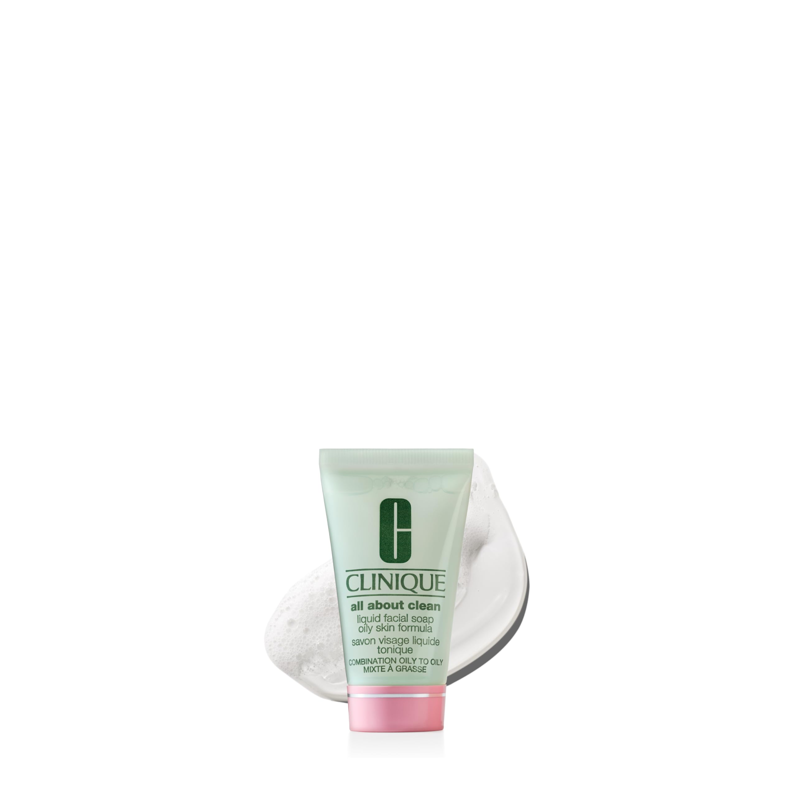 Clinique liquid facial soap front packaging showing mini bottle and brand clarity benefit
