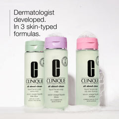 Clinique cleanser pictured with exfoliant and moisturizer representing three-step routine benefit