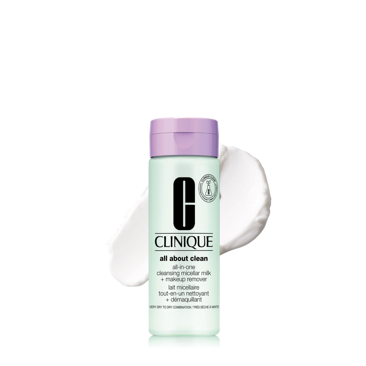 Clinique micellar milk bottle front showing label and size, gentle cleaning benefit