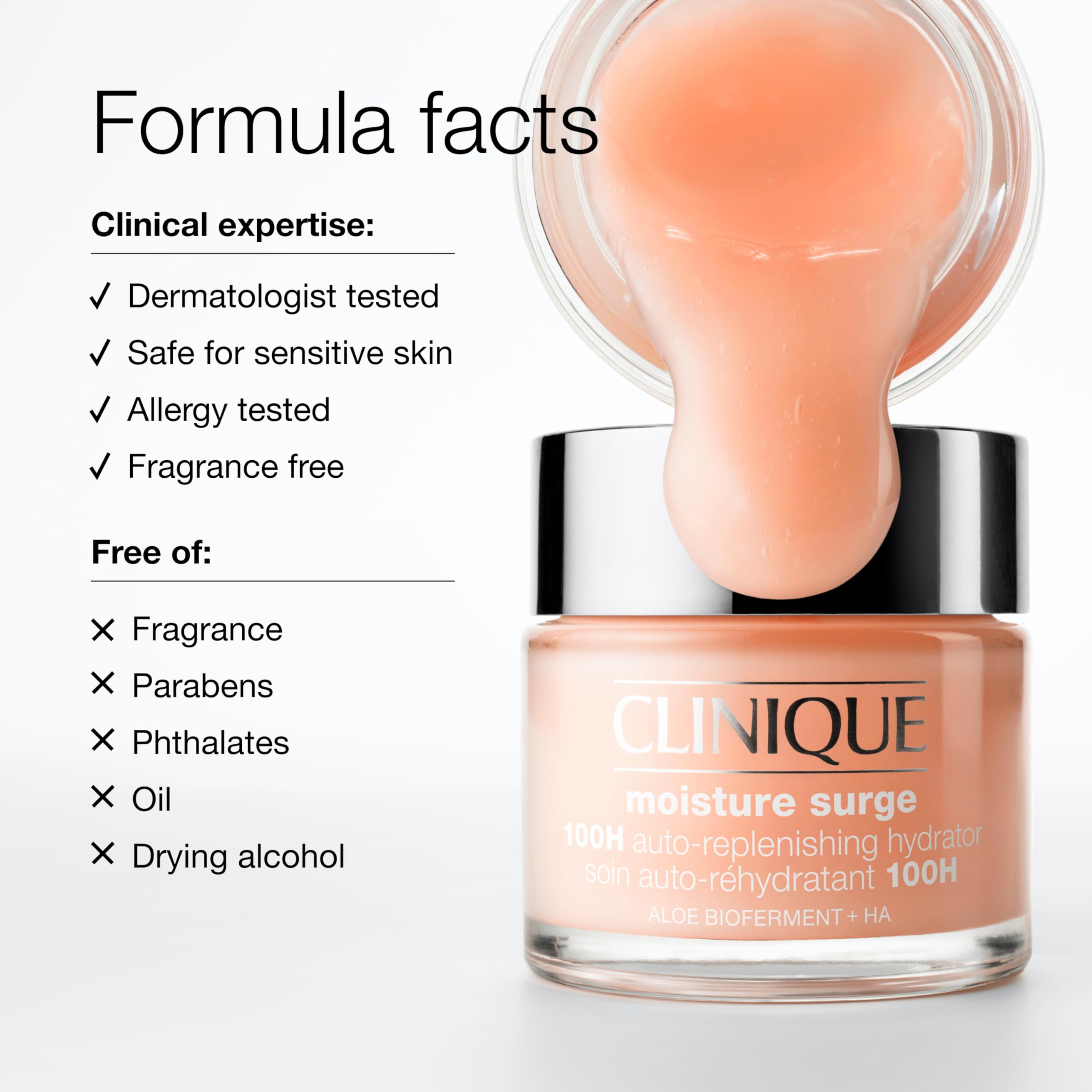 Clinique ingredients display with aloe and hyaluronic visuals for hydration benefit