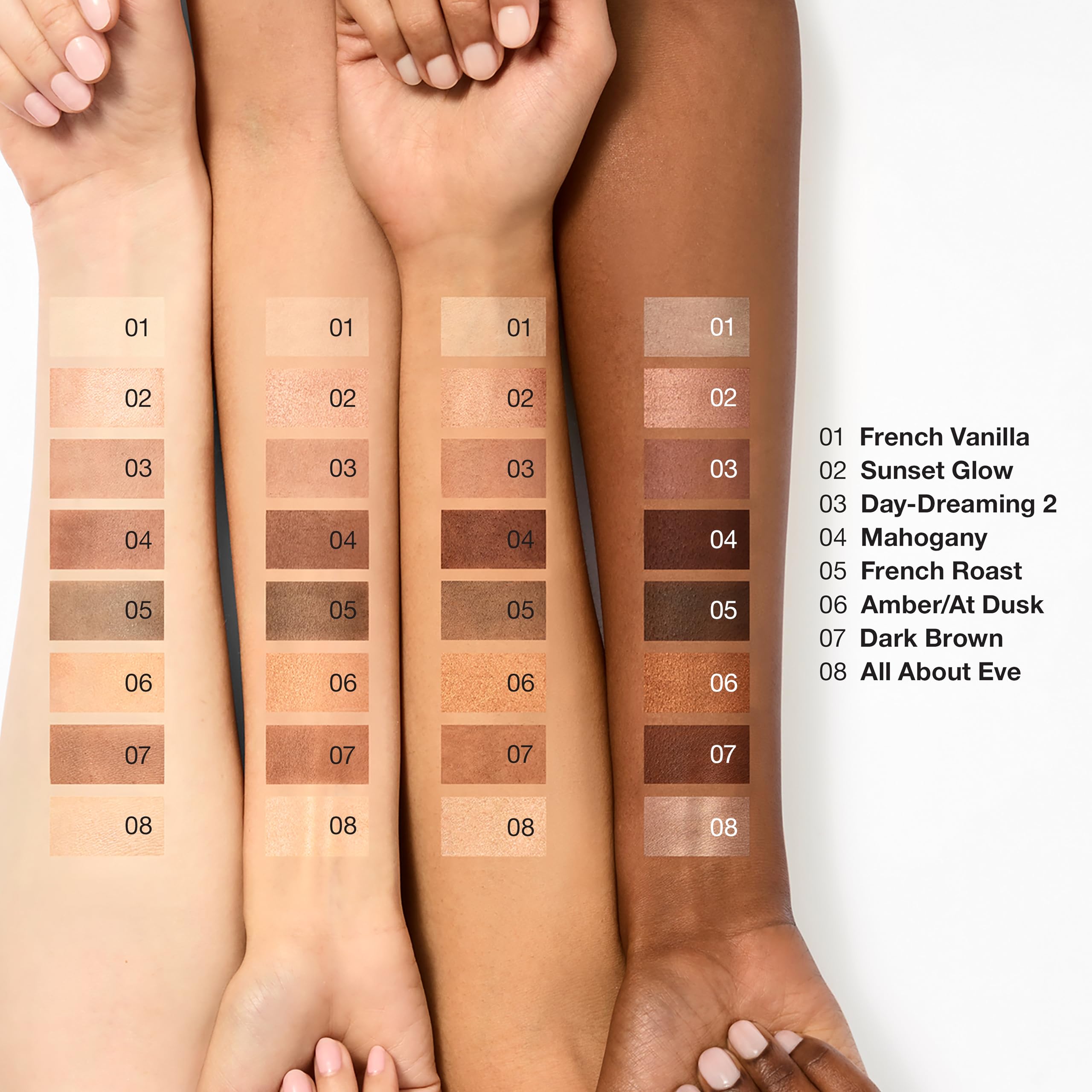 Clinique close-up of the eight Nude Honey shades highlighting silky texture and blendability