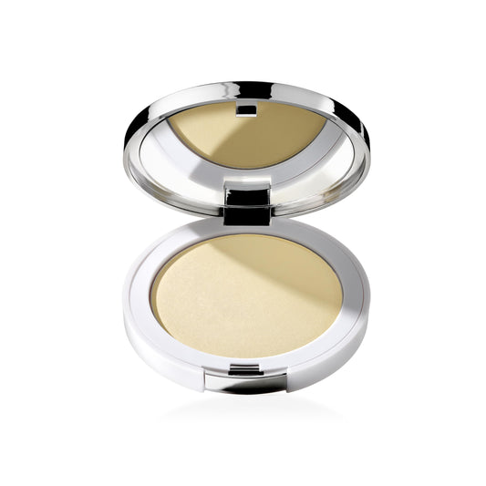 Clinique compact front view showing sleek packaging and neutral finish