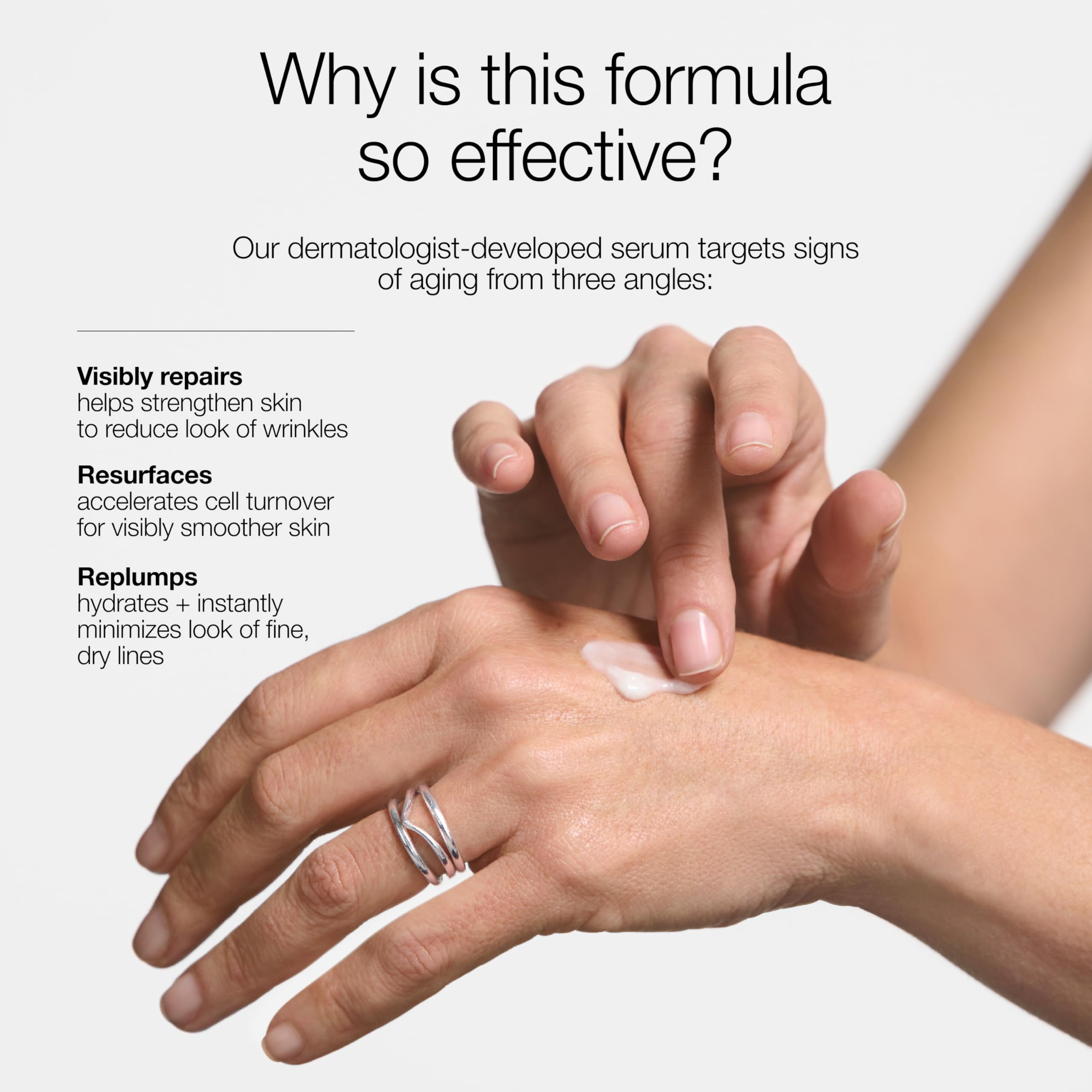 Clinique serum applied on hand to show absorption and immediate smoothing benefit