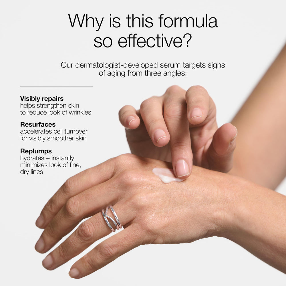Clinique serum applied on hand to show absorption and immediate smoothing benefit