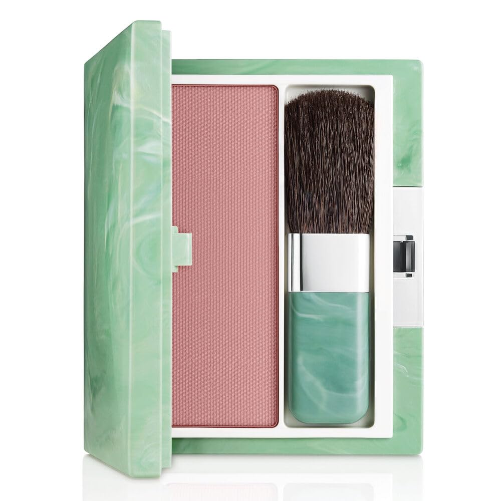 Clinique soft-pressed powder blusher compact showing New Clover shade and packaging benefit: portable color